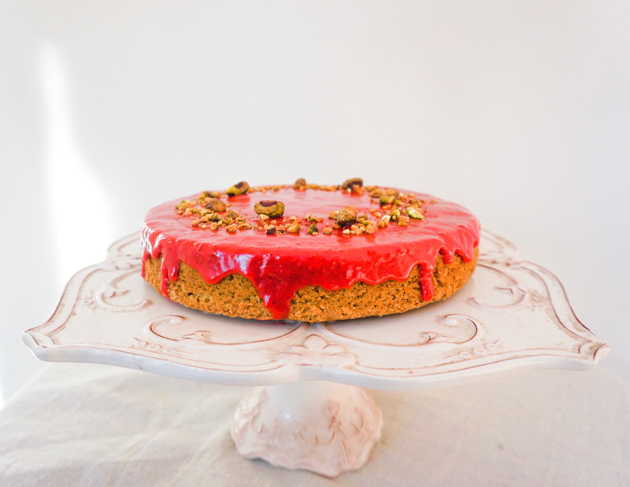 Pistachio Almond Cake with Raspberry Glaze (gluten & dairy free
